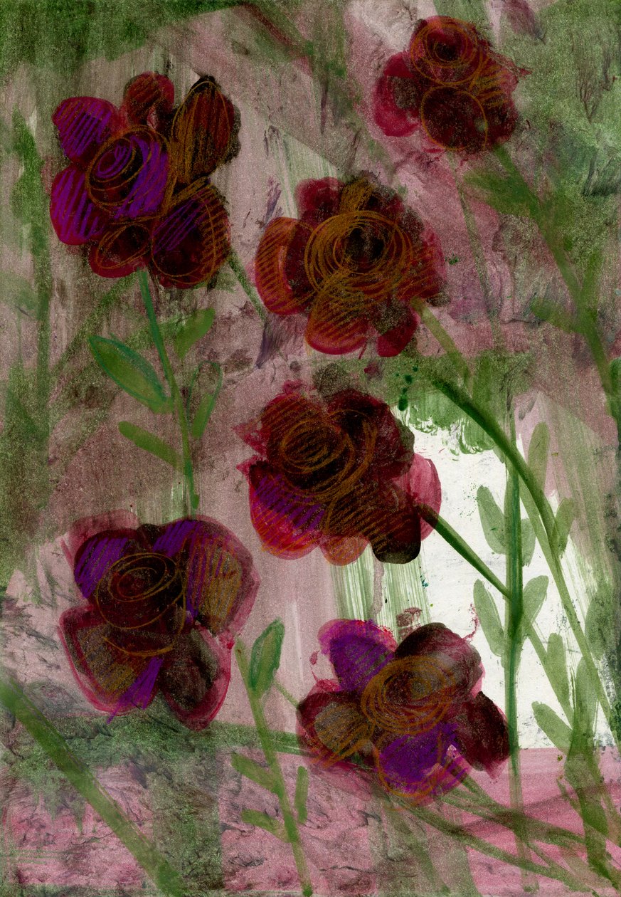 Flowers, 2020 (olja och blandteknik på A4-papper) av Marina Falco