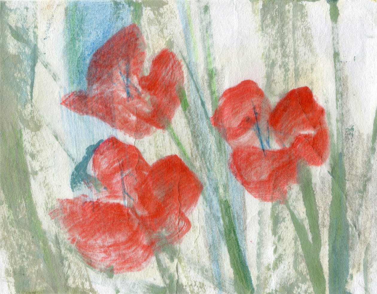 Röda blommor, 2020 (blandteknik på A4-papper) av Marina Falco