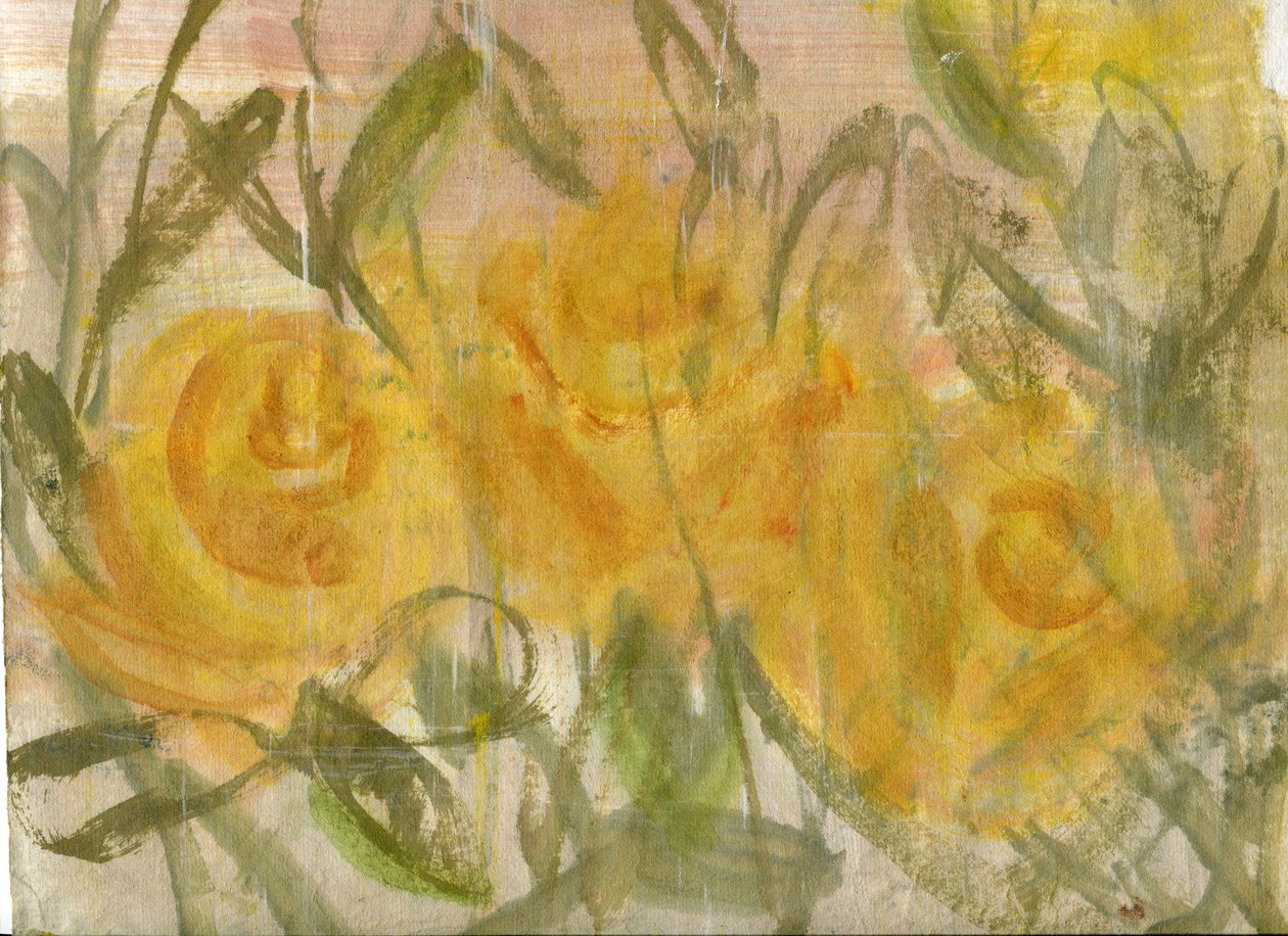 Roses gialle 1, 2020 (olja och blandteknik på A4-papper) av Marina Falco