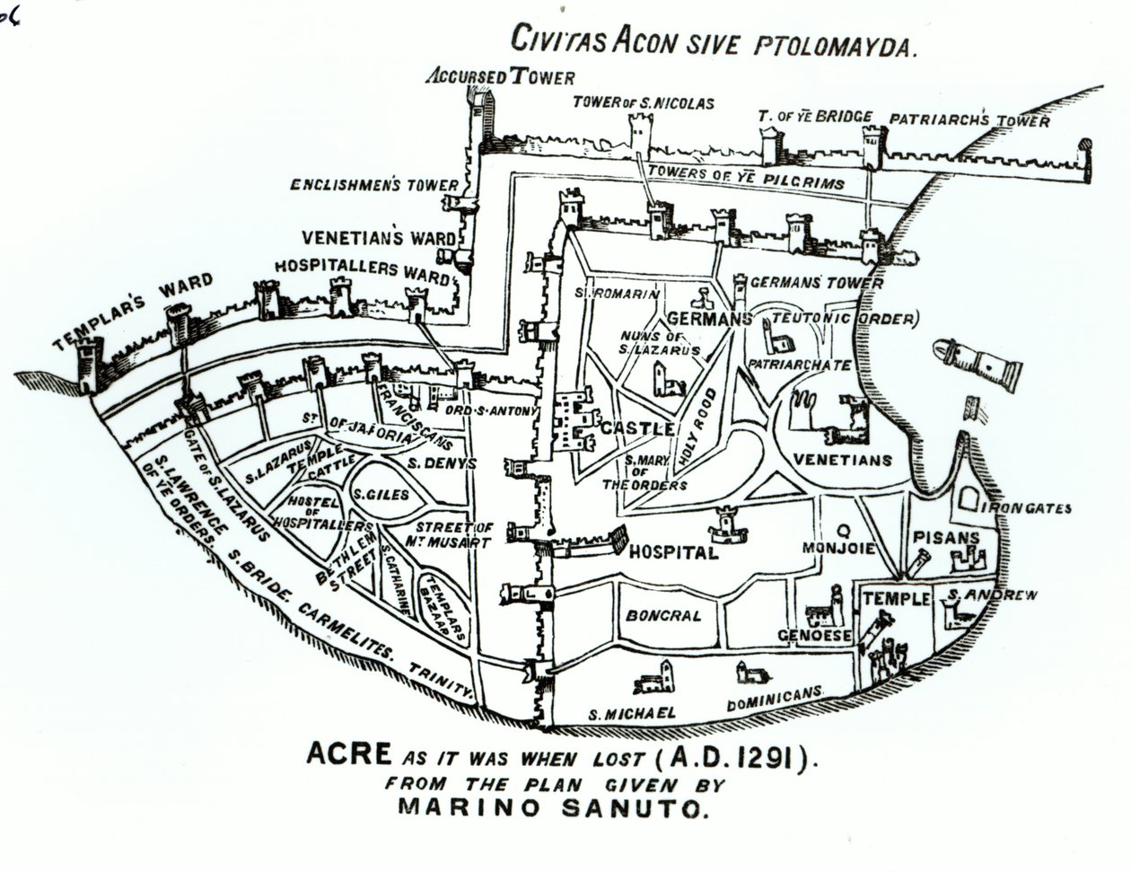 Acre som den var när den förlorades (1291 e.Kr.) av Marino the Elder Sanuto