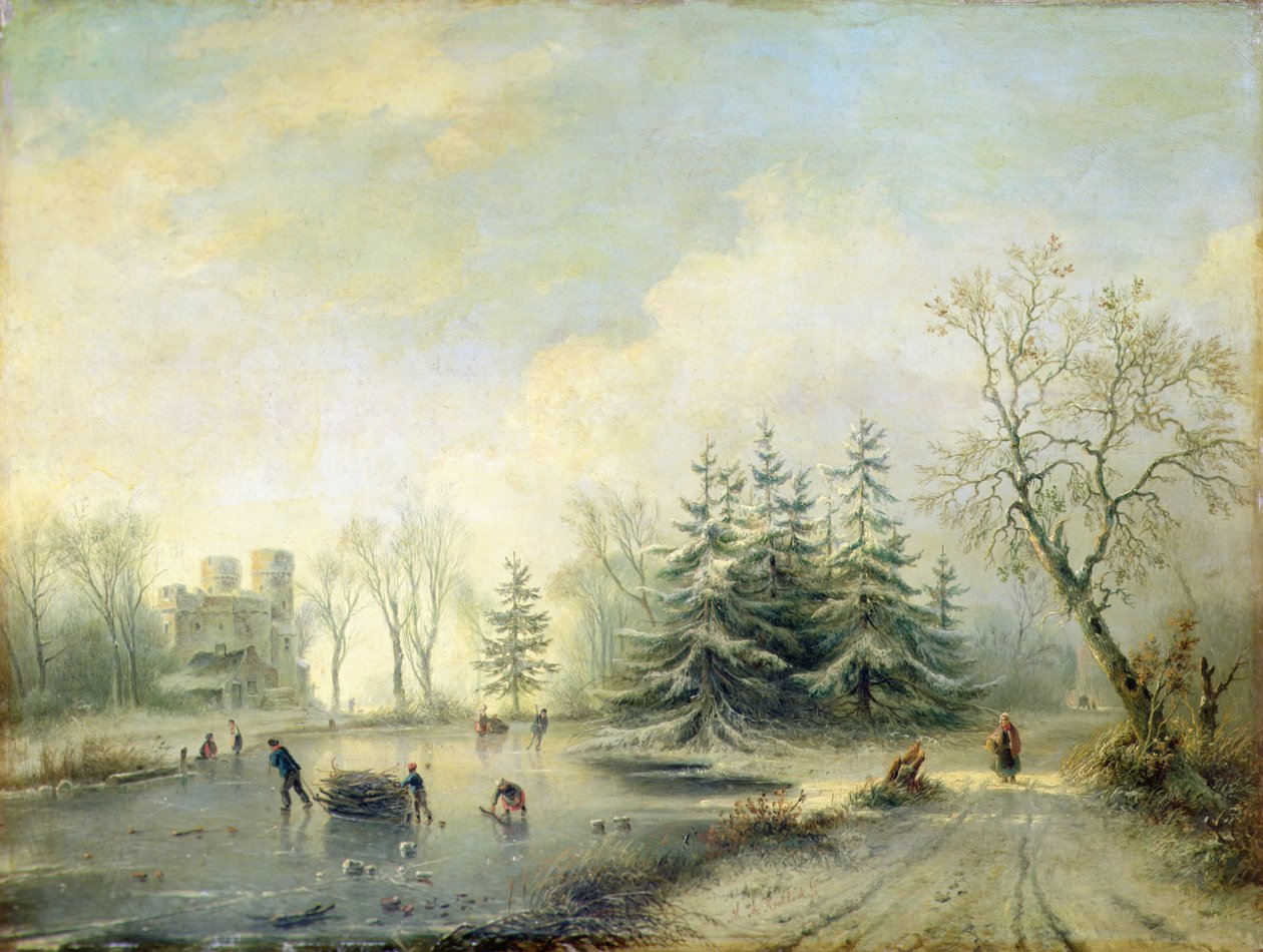 Träd, slott och skridskofigurer (olja på panel) av Marinus Adrianus Koekkoek