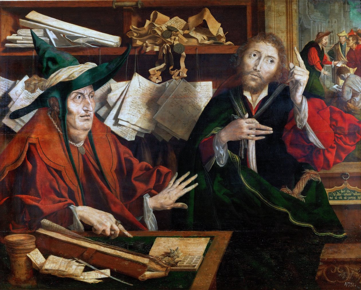 La parabole du gerant malhonnete - Liknelsen om den orättfärdiga förvaltaren, av Reymerswaele, Marinus Claesz, van (ca 1490-efter 1567). Olja på trä, c.1540. Mått: 77x96,5 cm. Konsthistoriska museet, Vienne av Marinus van Reymerswaele
