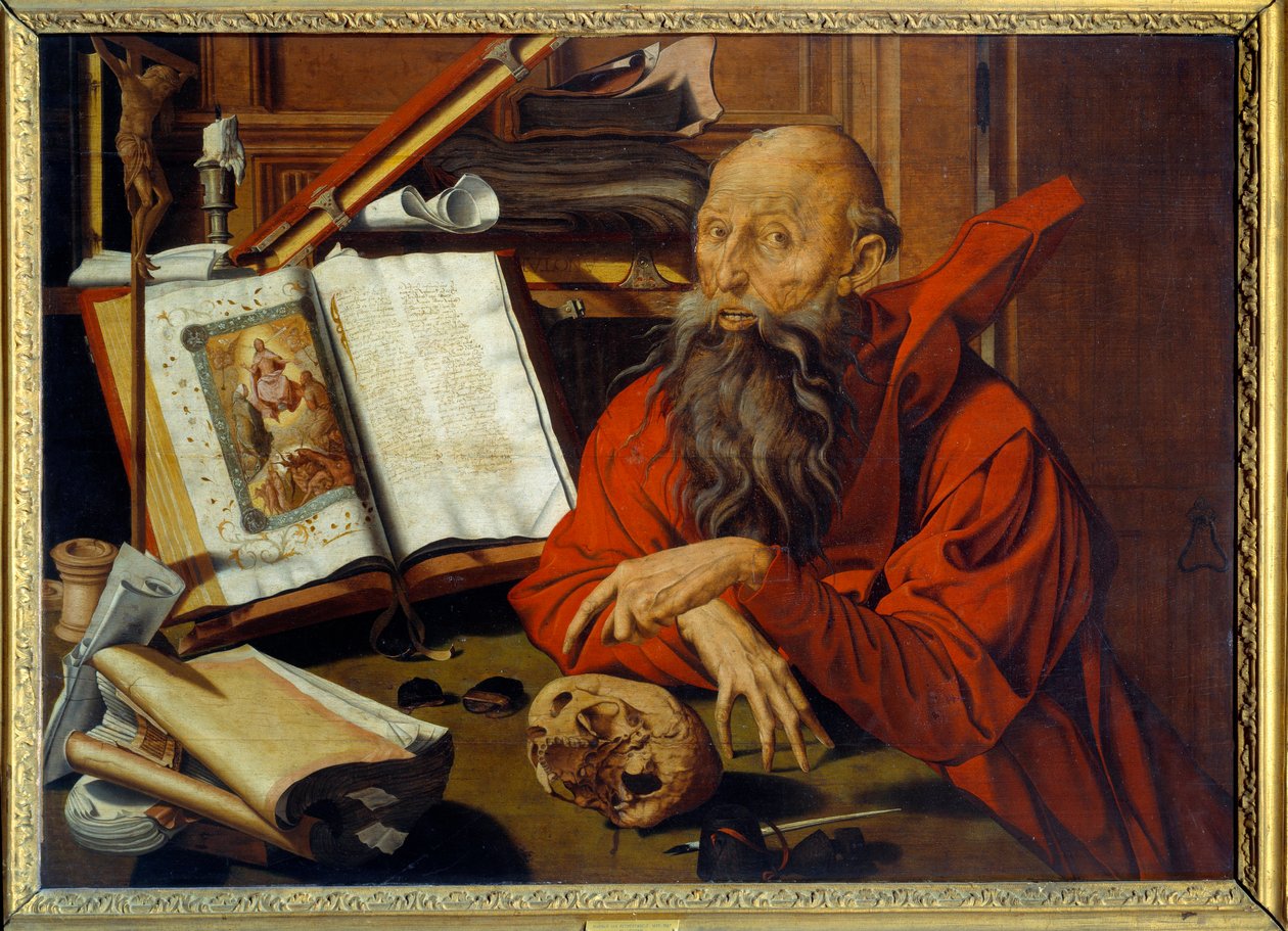 Saint Jerome Meditant - Målning (Vanita) av Marinus Claeszoon van Reymerswaele (1493 - 1567) Ec. Hol. av Marinus van Reymerswaele