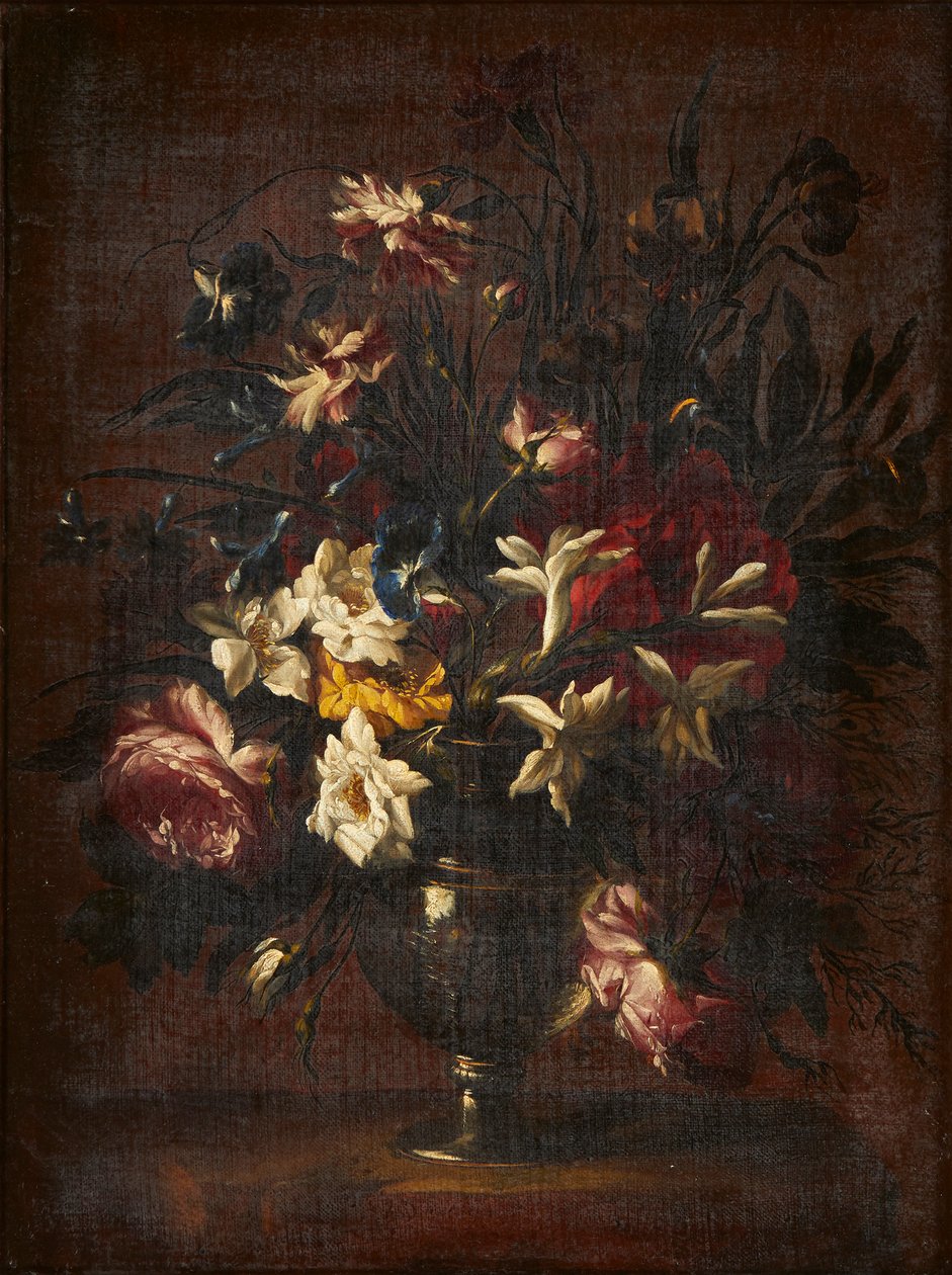 Ett stilleben av blommor i en glasvas (olja på duk) av Mario (attr.to) Nuzzi