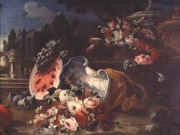 Stilleben, blandade blommor och frukt nära en fontän av Mario (follower of) Nuzzi