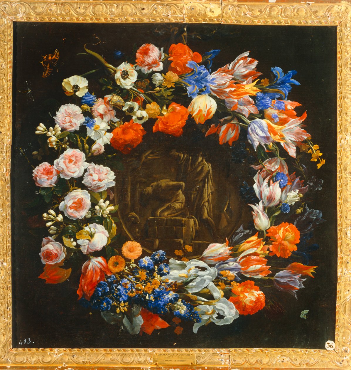 Blomsterkrans med Isaks offer i mitten av Mario (follower of) Nuzzi