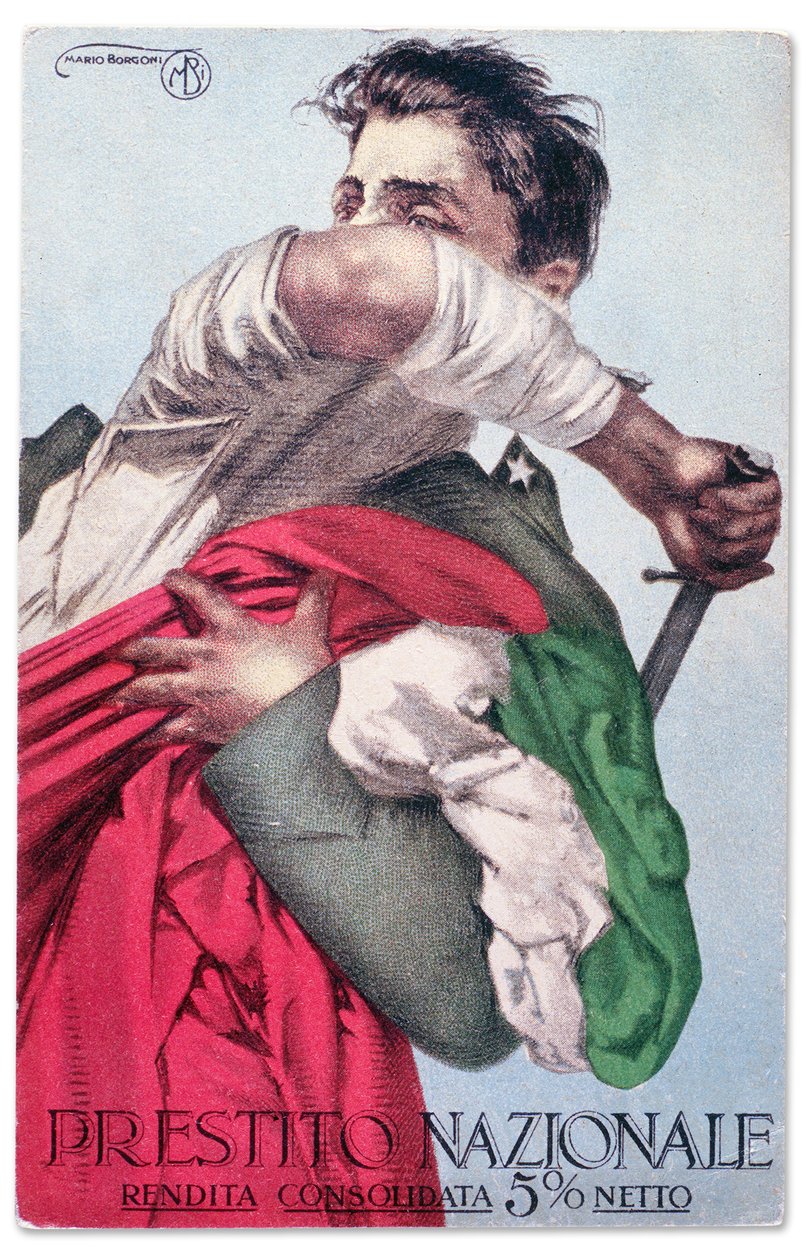 En italiensk soldat försvarar trikoloren med draget svärd. Propagandapostkort för det nationella lånet, ca 1915-18 (vykort) av Mario Borgoni
