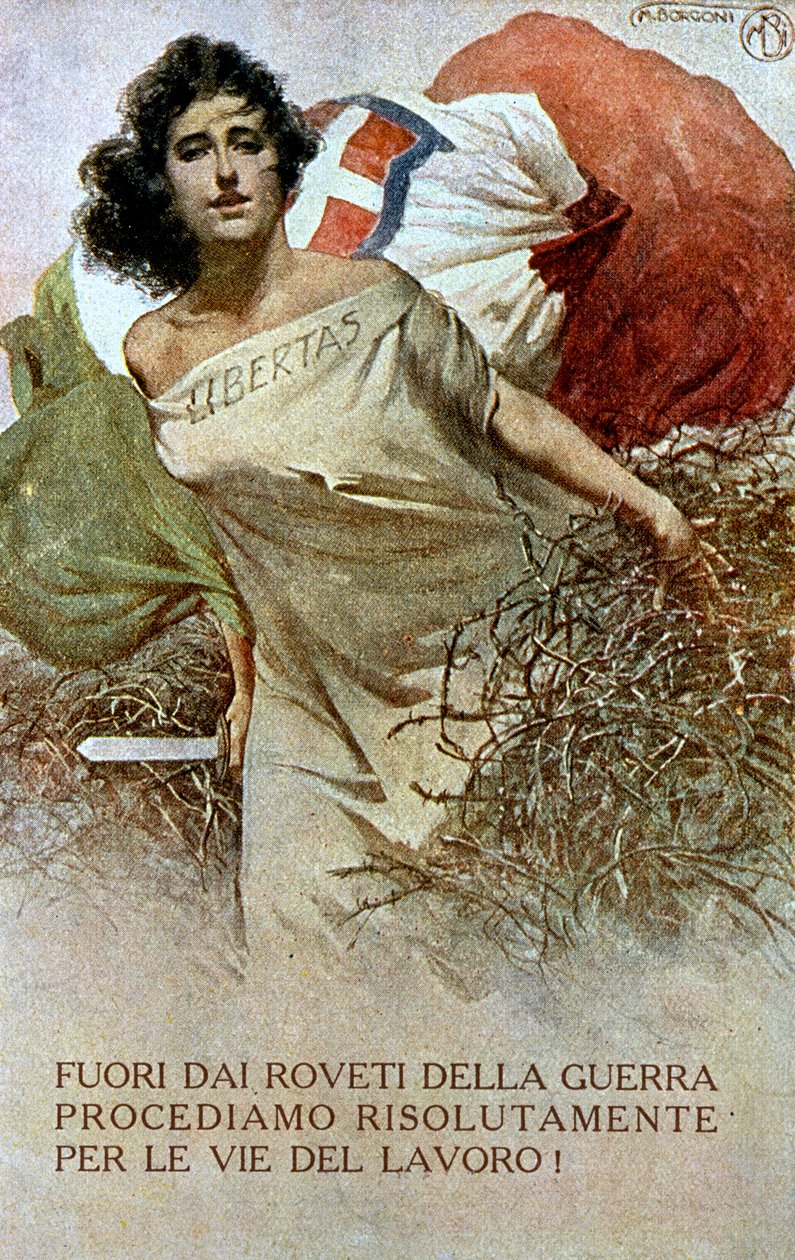 Teckning av en allegori över Italien befriad från första världskrigets ok. (färg litho) av Mario Borgoni