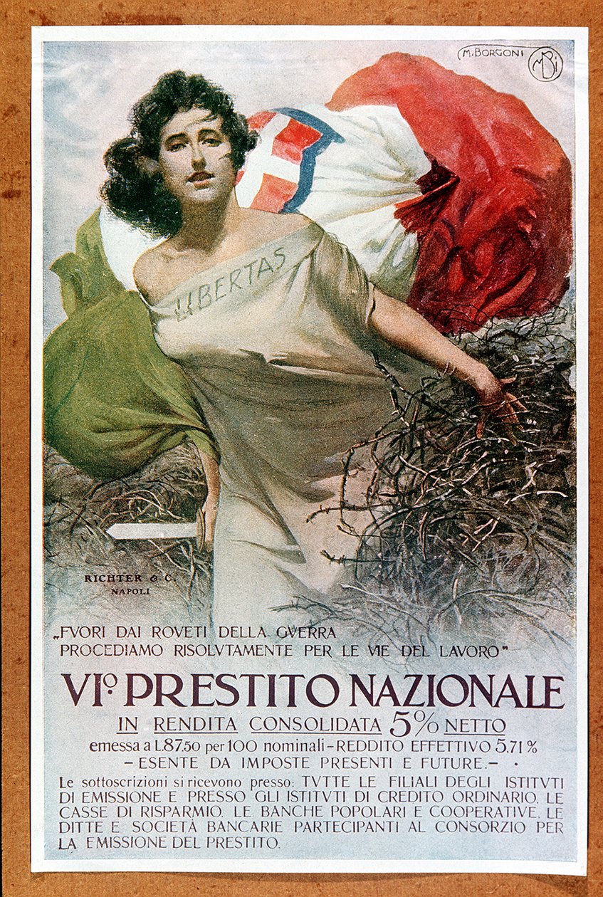 Italiensk allegorisk illustration om statslånet, ca 1918 (affisch) av Mario Borgoni