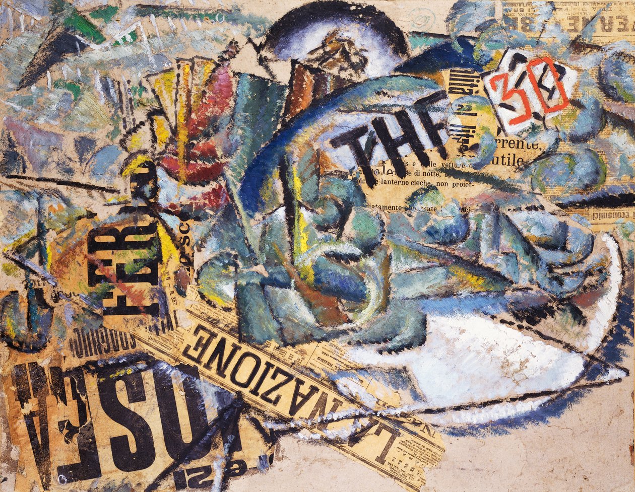 Nationen, av Mario Nannini (1895-1918), olja och collage på kartong, 65x51 cm. Italien, 1900-talet. av Mario Nannini