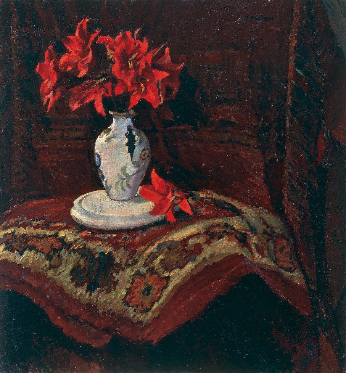 Matta och vas med röda liljor, av Mario Puccini (1869-1920), olja på duk, 64x59 cm. av Mario Puccini