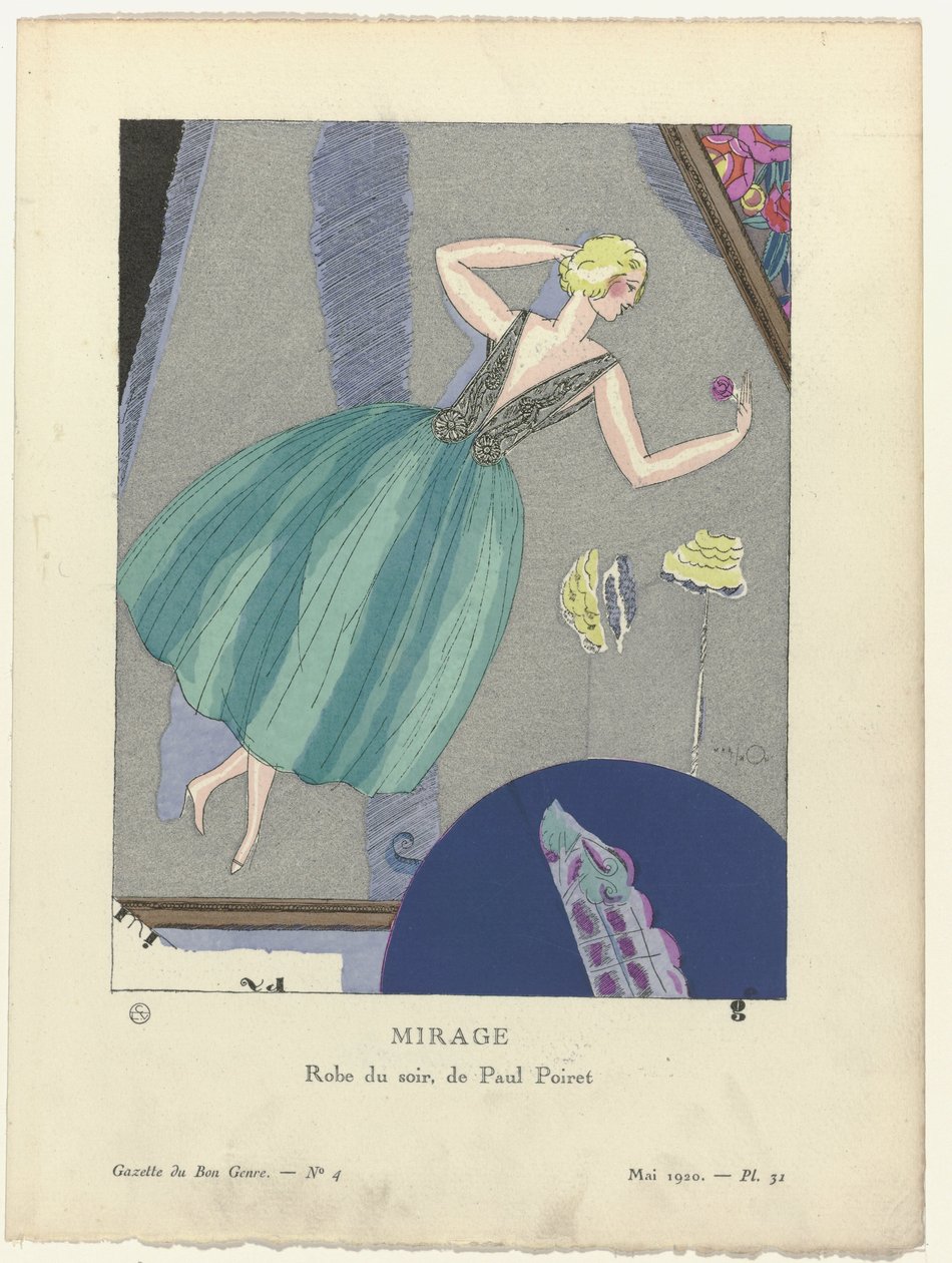 Gazette du Bon Ton, 1920 - Nr 4, Pl. 31: Mirage. / Aftonklänning, av Paul Poiret. (titel på objekt) av Mario Simon