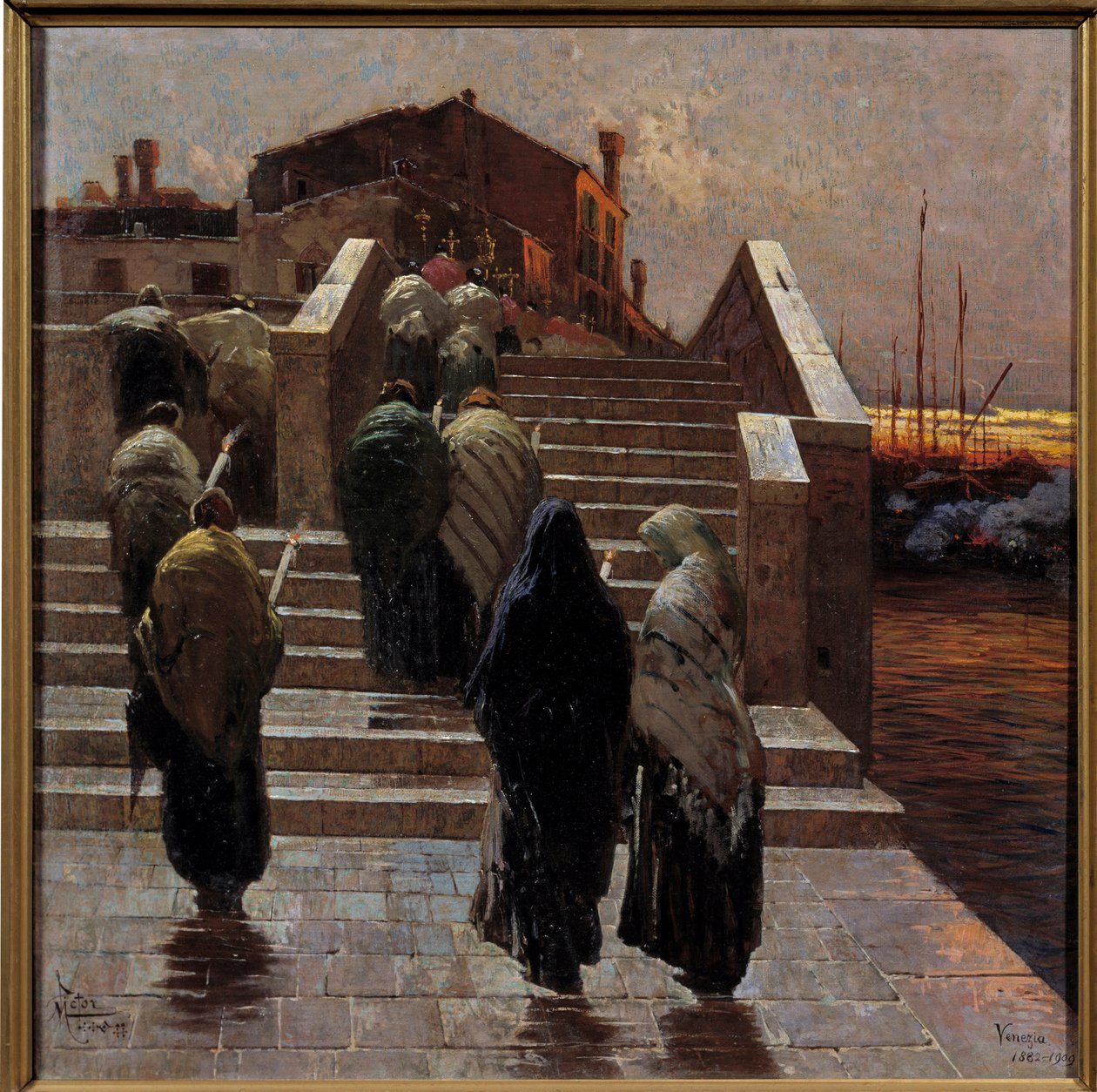 Röd kväll, gott väder hopp Kvinnoprocession (sörjande?) Korsar en flod - Målning av Mario De Maria (Marius Pictor) (1853-1924) 1882 sön 0,7x0,69 m Paris, Musee d