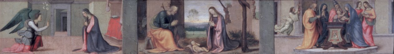 Bebådelsen; Födelsekyrkan; Presentationen i templet, predellapanel till The Visitation of St. Elizabeth to the Madonna, 1503 (panel) (se även 50335) av Mariotto Albertinelli