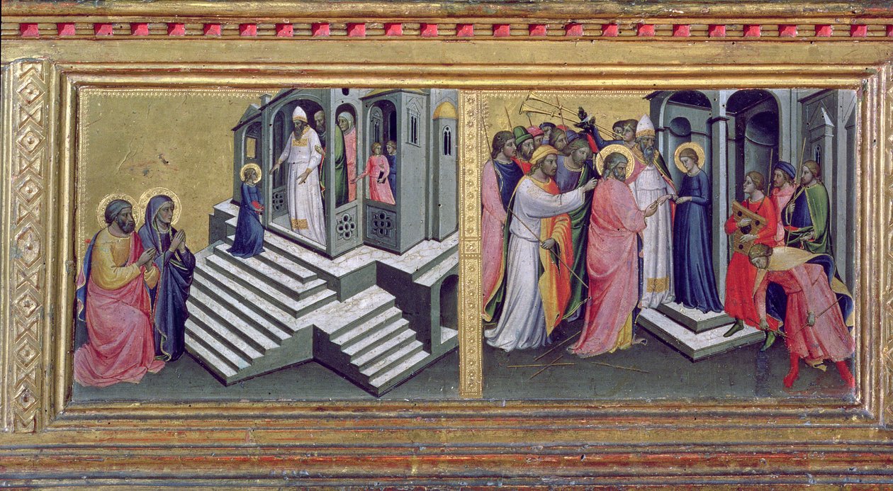 Madonna och barn med heliga, detalj av predellan som visar presentationen i templet och jungfruns bröllop i tempera på paneldetalj av 80340 av Mariotto di Nardo