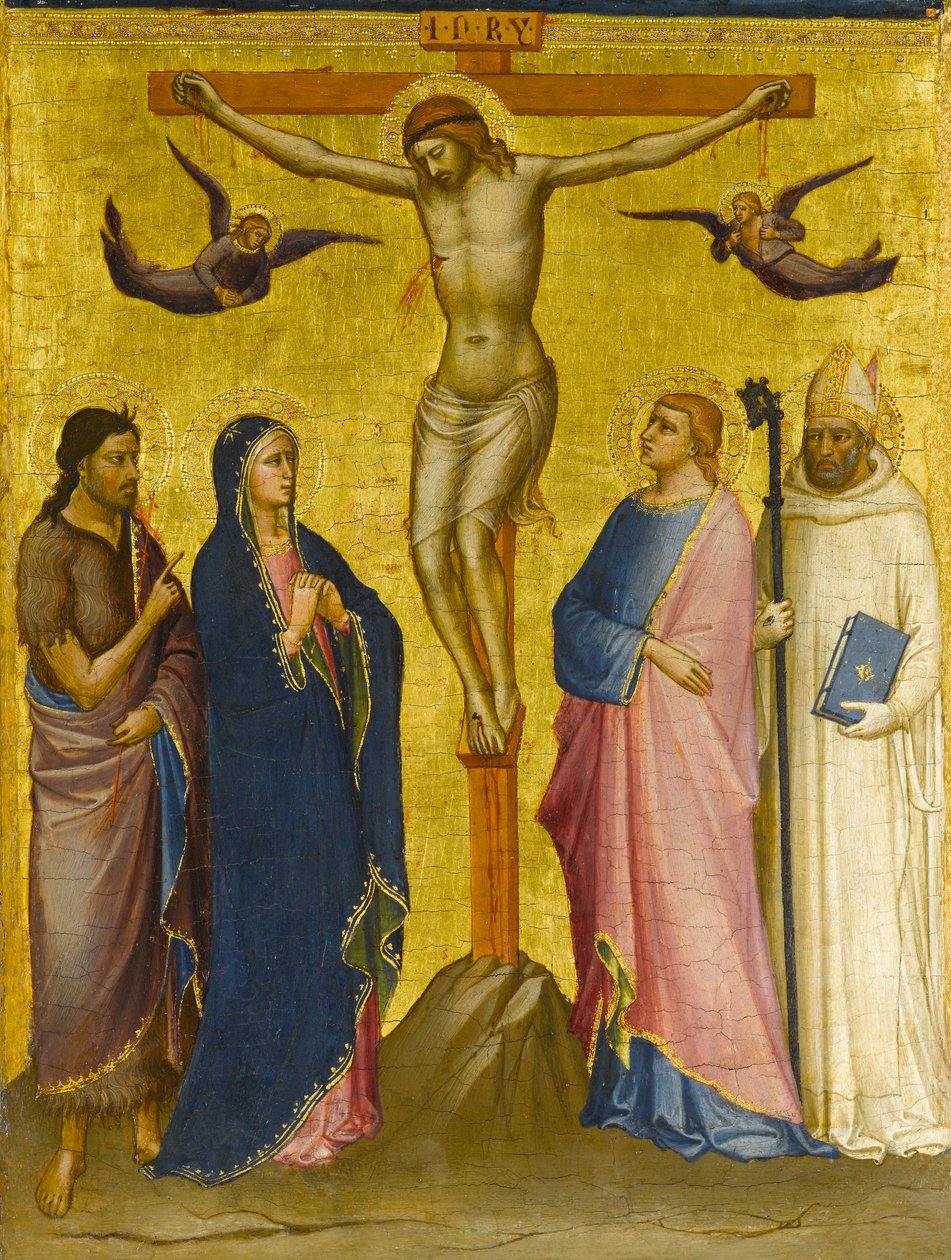 Korsfästelsen med Johannes döparen, Jungfrun, Johannes evangelisten och en kartusisk helgon, ca 1385-1390 (tempera och bladguld på panel) av Mariotto di attr.to Nardo