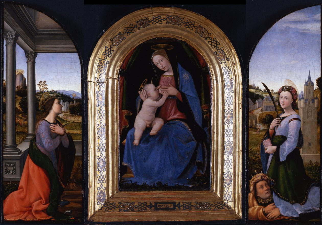 Tronar Maria lactans med de heliga Katarina av Alexandria och Barbara och hennes far Dioscurus, 15 av Mariotto Albertinelli