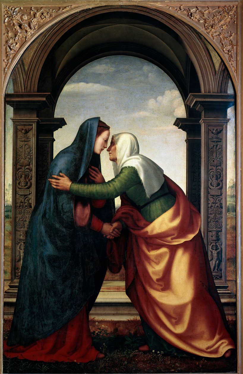 Besöket av St. Elizabeth till Jungfru Maria (olja på panel av Mariotto Albertinelli