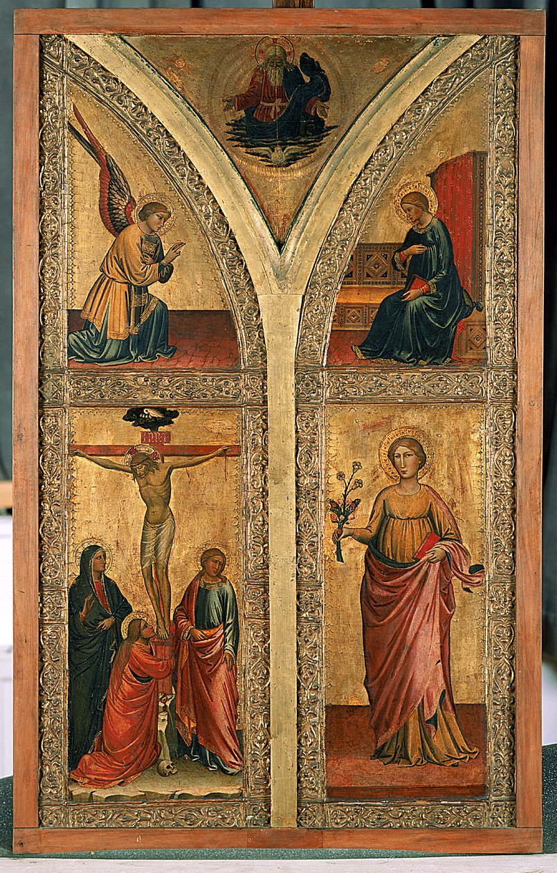 Altarvinge föreställande korsfästelsen, St Dorothy och andra helgon, c.1420 (tempera på poppelträ) av Mariotto di Nardo