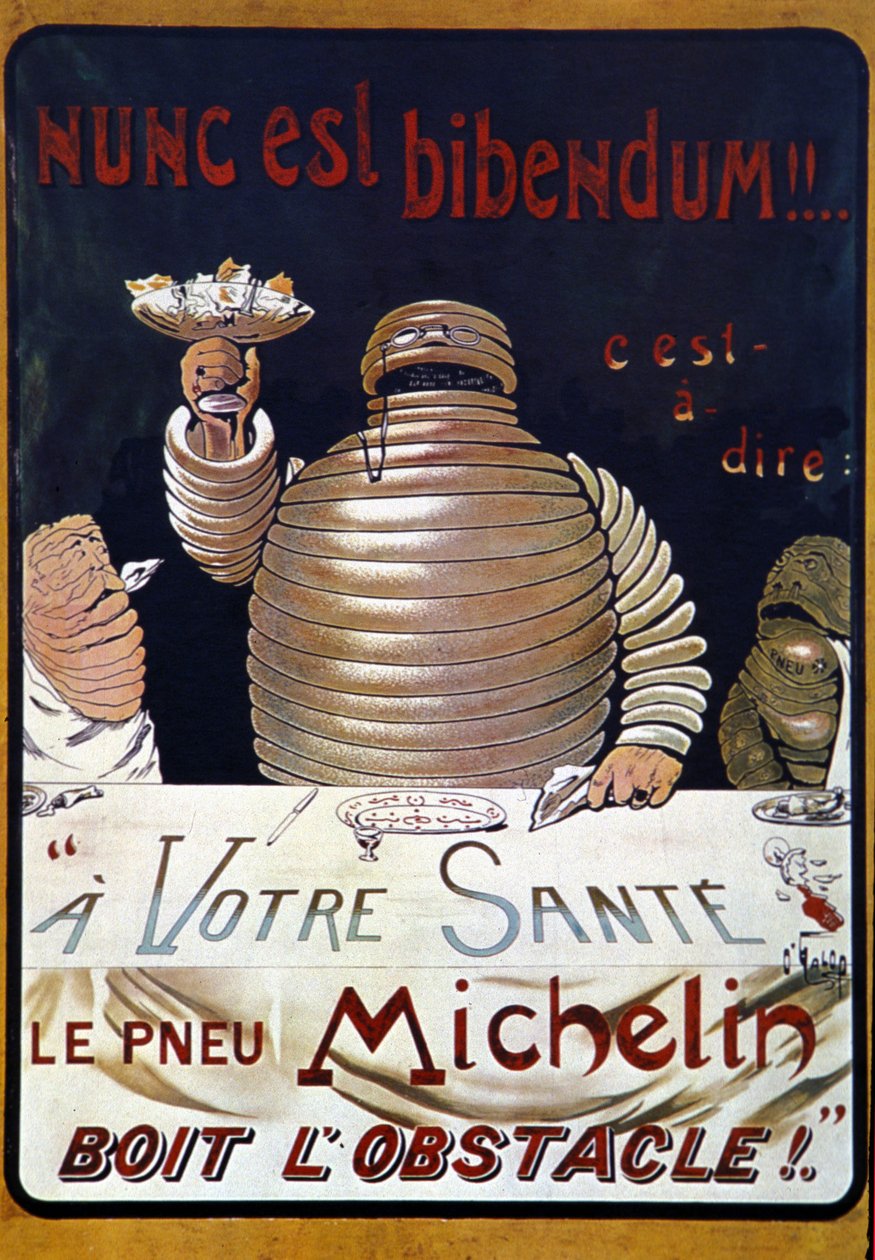 Annonsaffisch Michelin-däck: Nunc är en bibendum, Michelin-däcket dricker upp hindret av Marius Rossillon