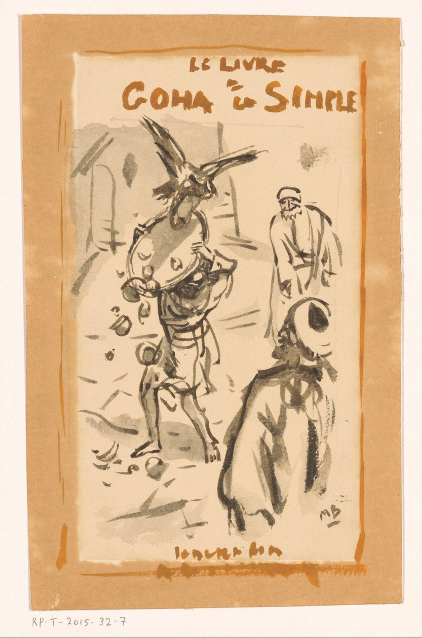 Man med bricka attackerad av en rovfågel Le livre Goha le Simple (titel på objekt) av Marius Bauer (signed by artist)