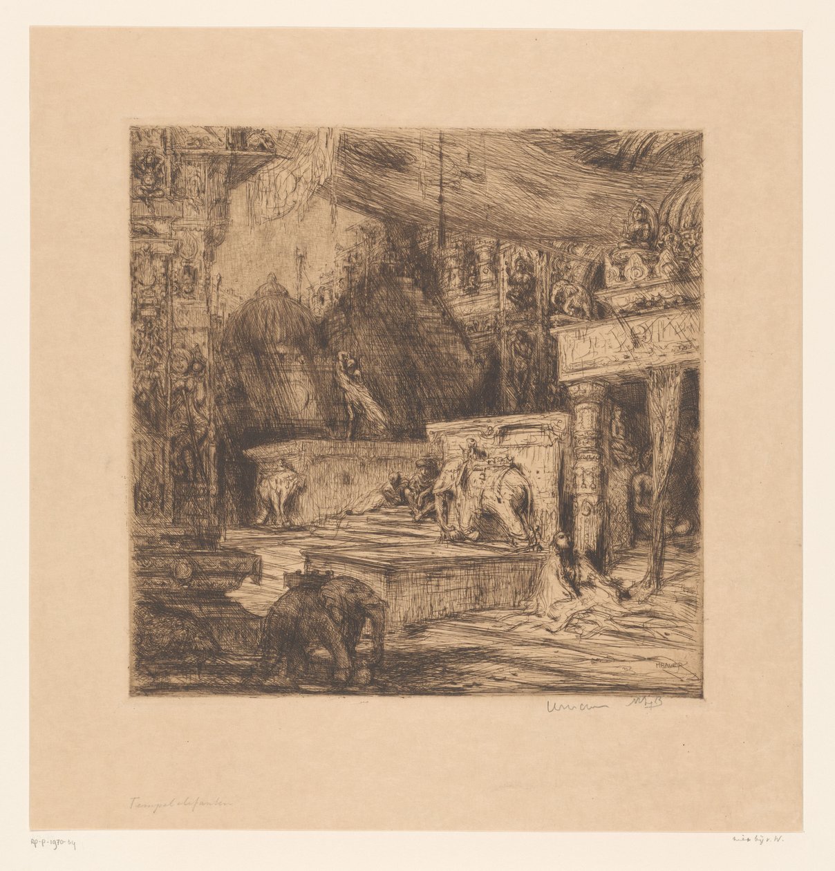 Elefanter och figurer vid ett tempel Temple Elephants (titel på objekt) av Marius Bauer