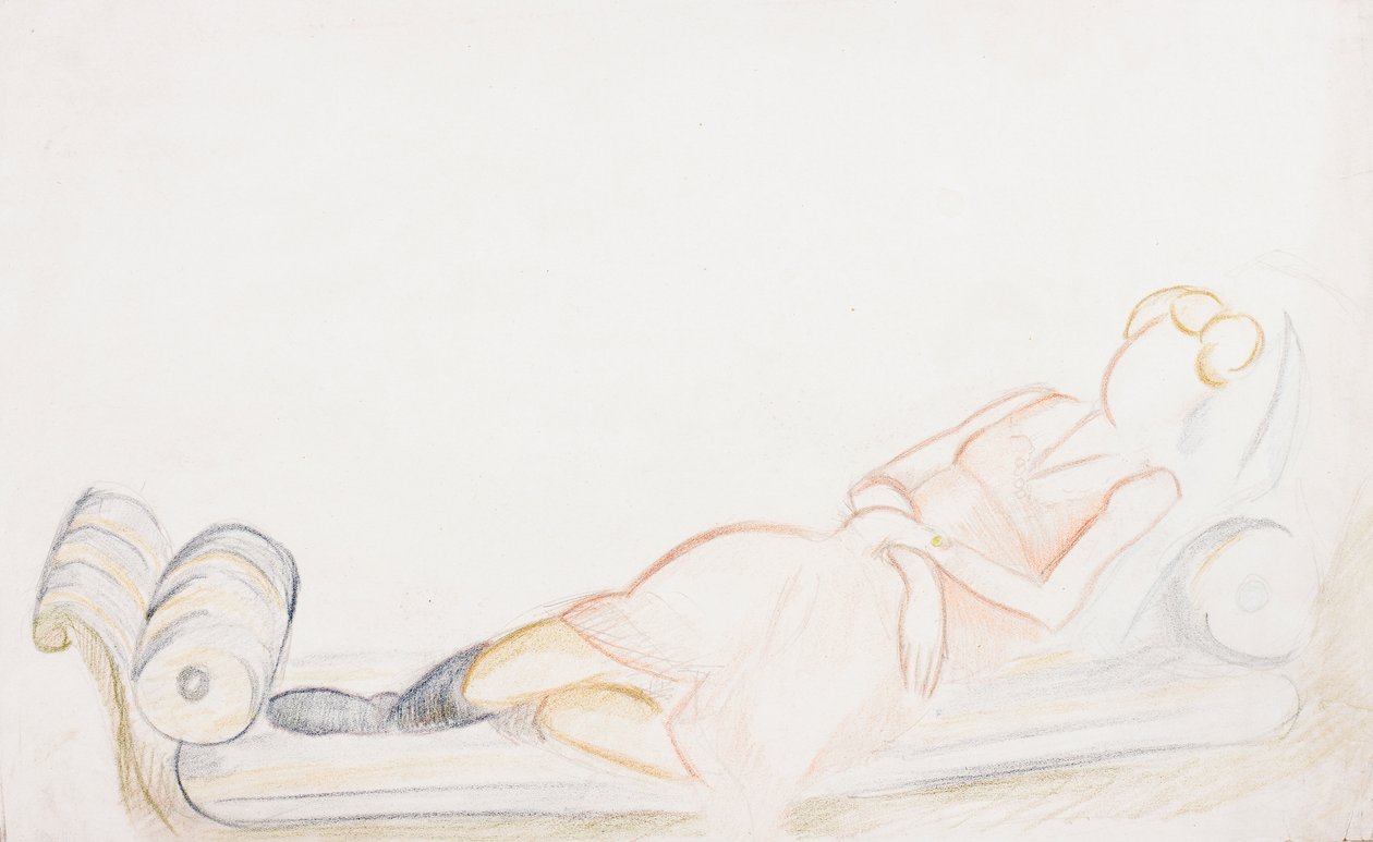 Christine Mavrogordato på en dagbädd, ca 1928 (penna och krita på papper) av Mark Gertler