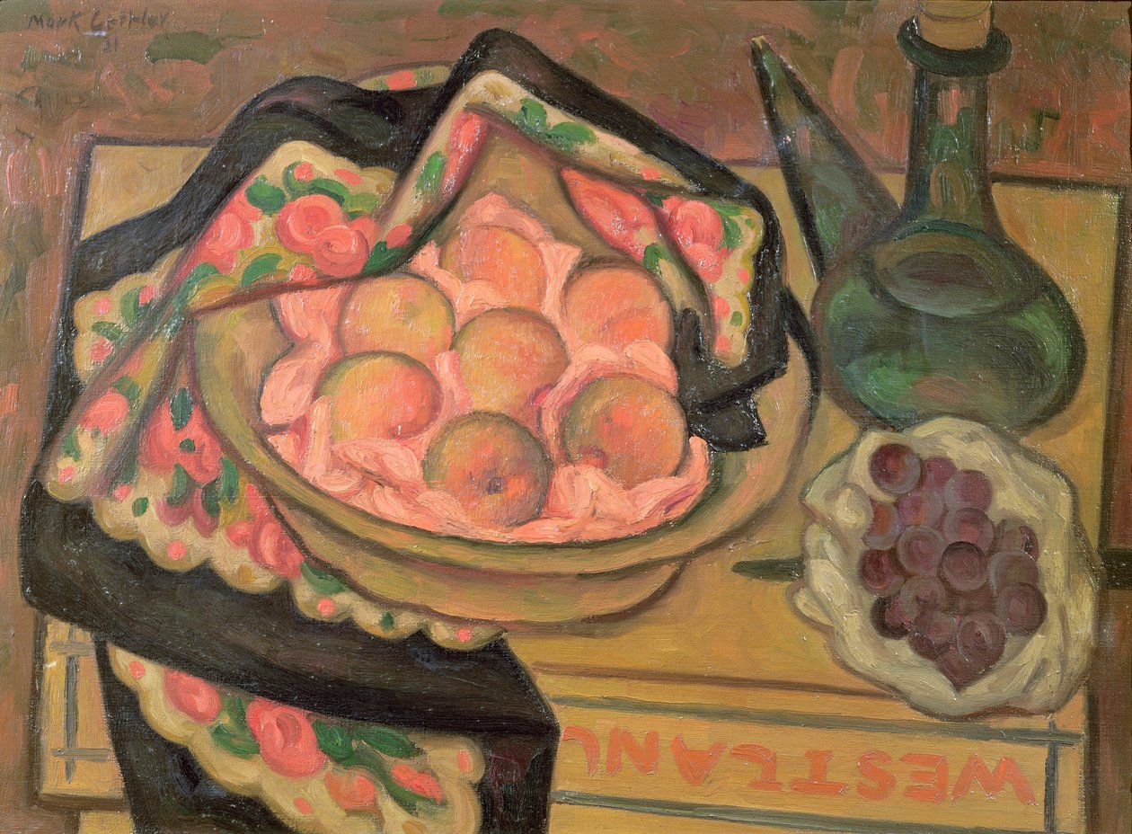 Persikor och en grön flaska, 1931 av Mark Gertler
