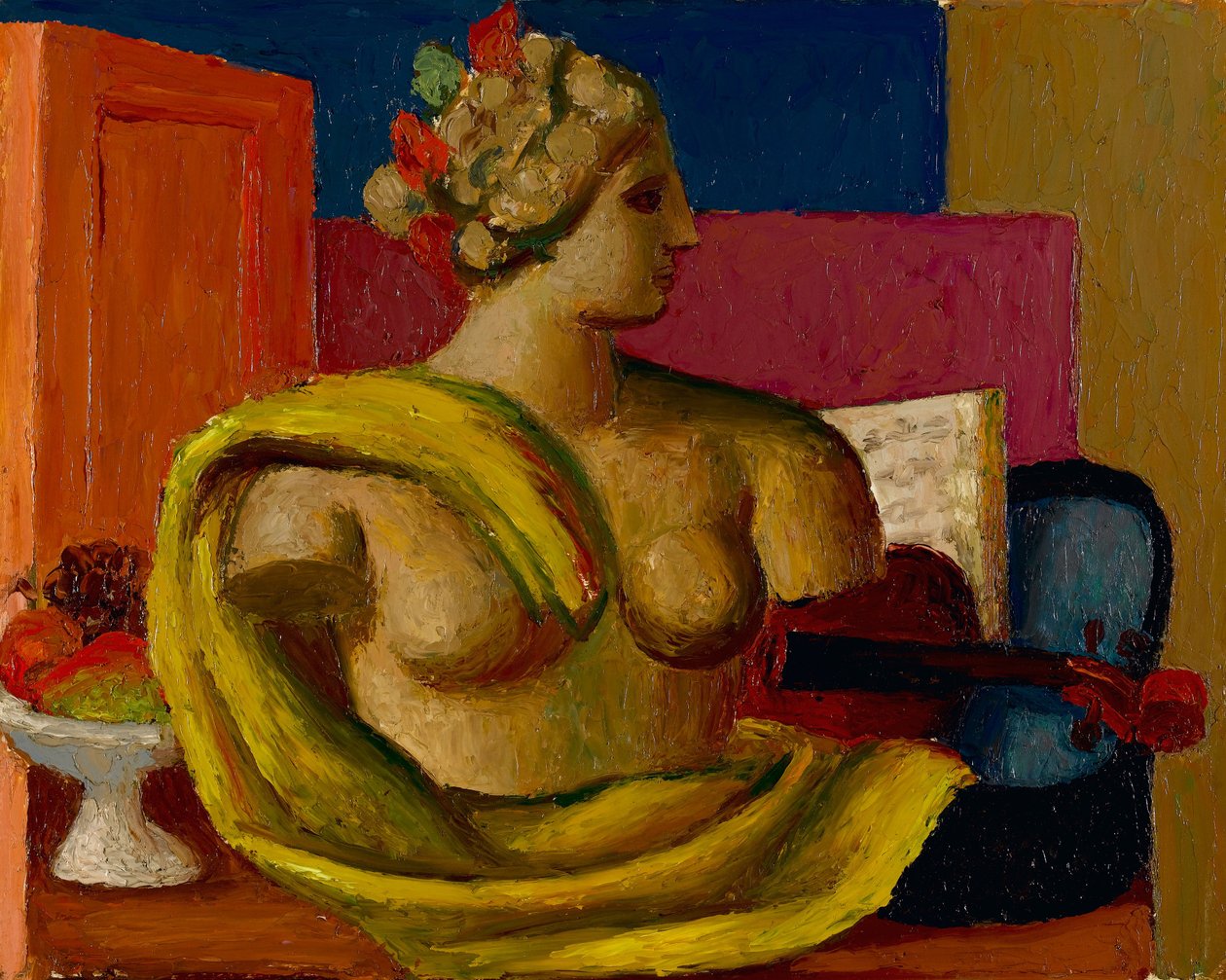 Violin och byst, ca 1934 (olja på kvarnbräda) av Mark Gertler