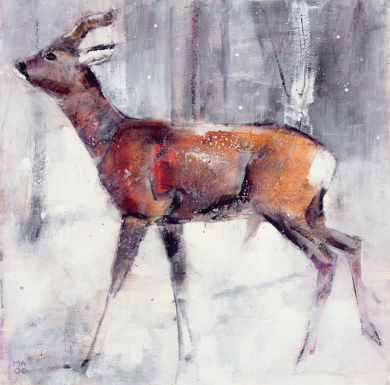 Buck in the snow, 2000 (blandmaterial på papper) av Mark Adlington