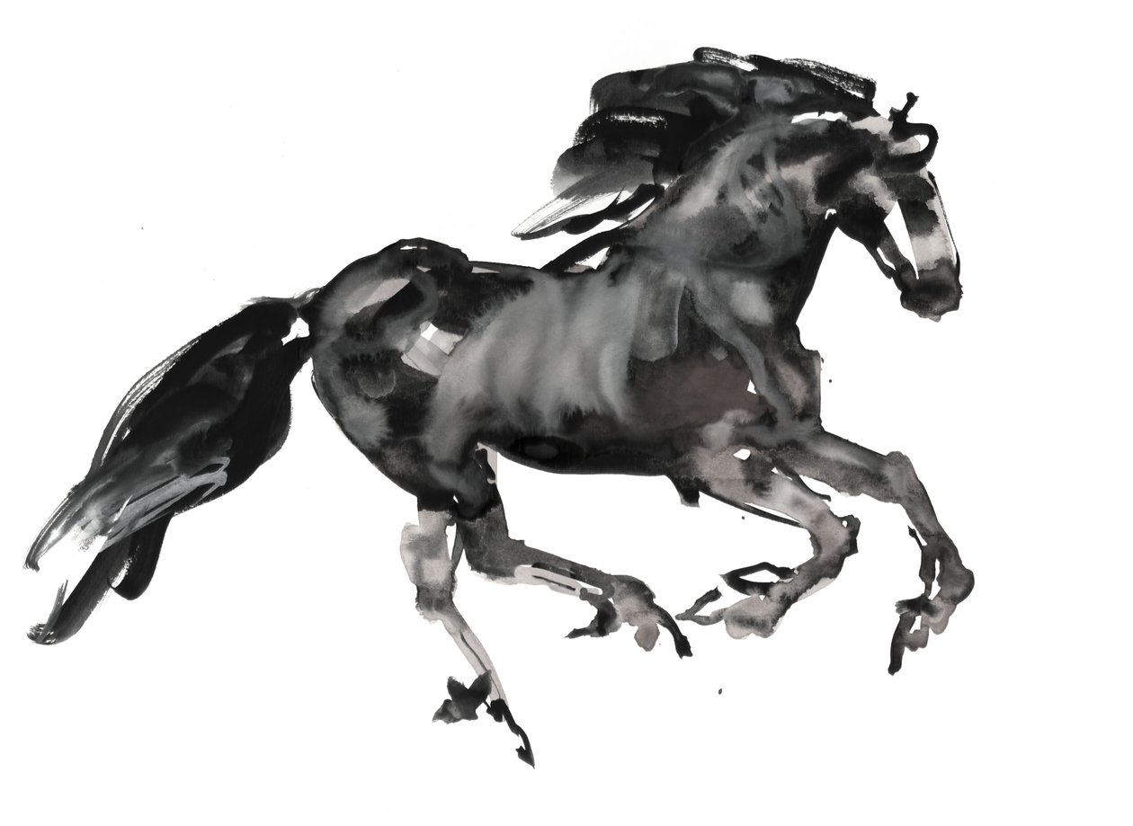 Galopp, 2015, (bläck och akvarell på papper) av Mark Adlington