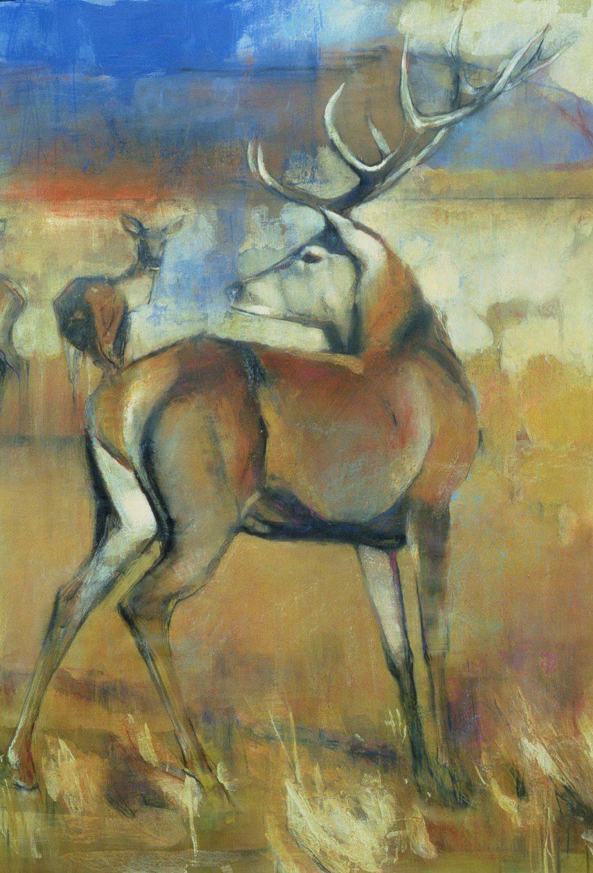 Red Stag, detalj från Gathering Deer, 1998 mixed media och collage på pappersdetalj av 117689 av Mark Adlington