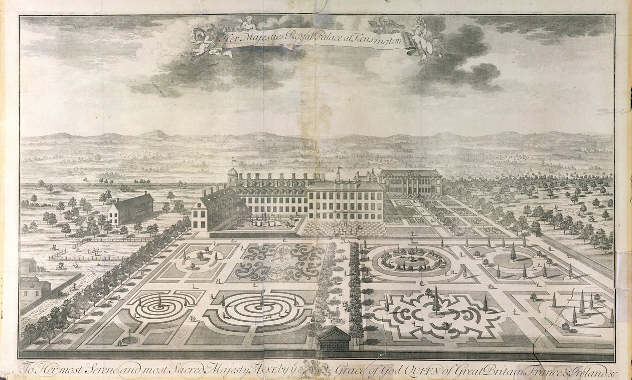 Vaaiga Mata a Manu o Faatoaga o le Kensington Palace, na vaneina e Johannes Kip (c.1652-1722) pub. saunia e J. Smith, 1724 swed av Mark Anthony Hauduroy