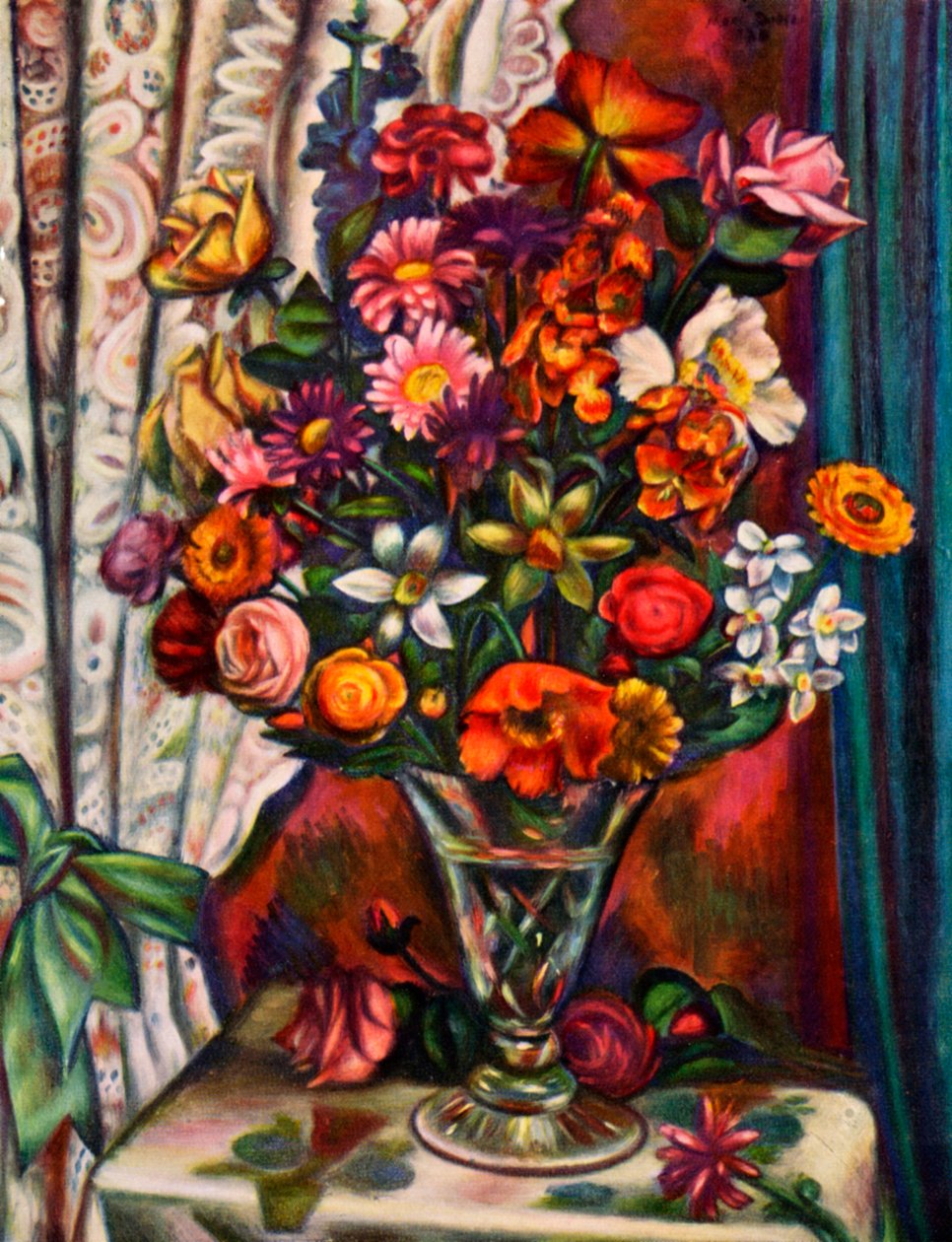 Stilleben av blommor i en silvervas, 1930. av Mark Gertler