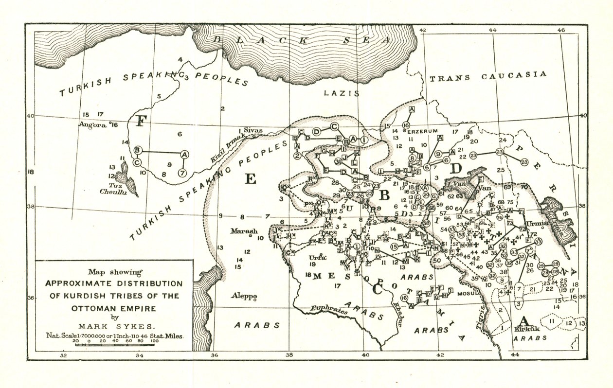 "Karta som visar ungefärlig fördelning av kurdiska stammar i det osmanska riket", c1915. av Mark Sykes