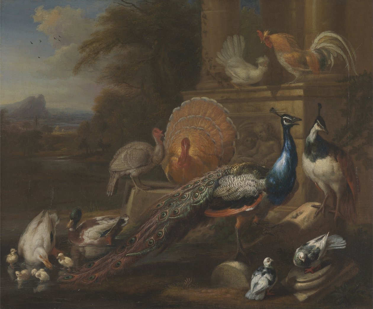 Peacocks, Doves, Turkeys, Chickens and Ducks by a Classical Ruin av Marmaduke Cradock