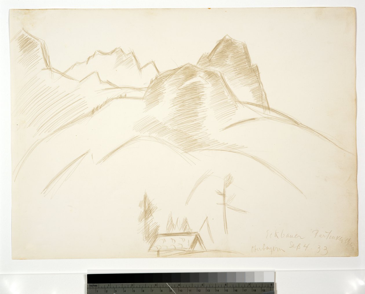 Bergslandskap med hus i förgrunden, 1933 av Marsden Hartley