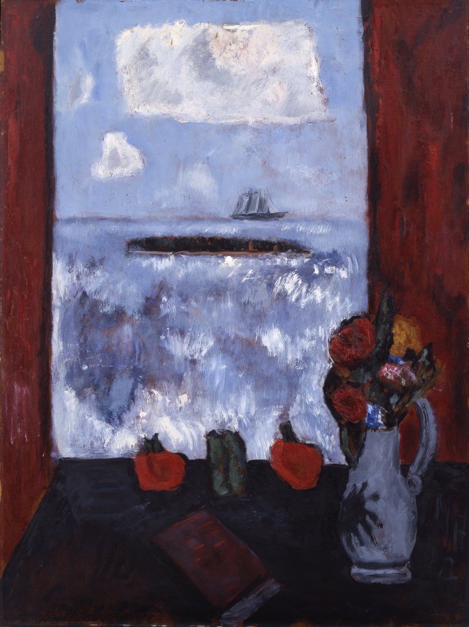 Sommar, hav, fönster, röd gardin, 1942 (olja på masonit) av Marsden Hartley