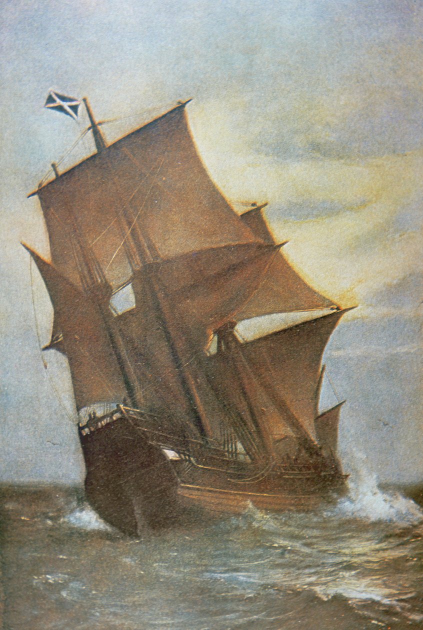 Mayflower som bär pilgrimsfäderna över Atlanten till Amerika 1620 (olja på duk) av Marshall Johnson