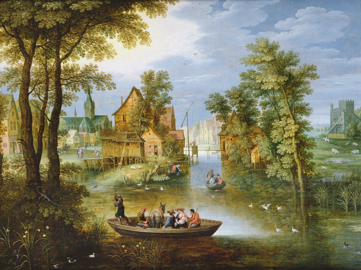 Ett flodlandskap med Flight into Egypt av Marten Ryckaert