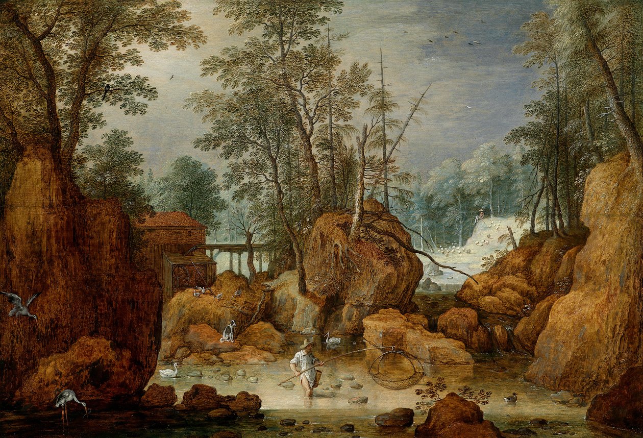 En fiskare i en flod i ett skogbevuxet landskap av Marten Ryckaert