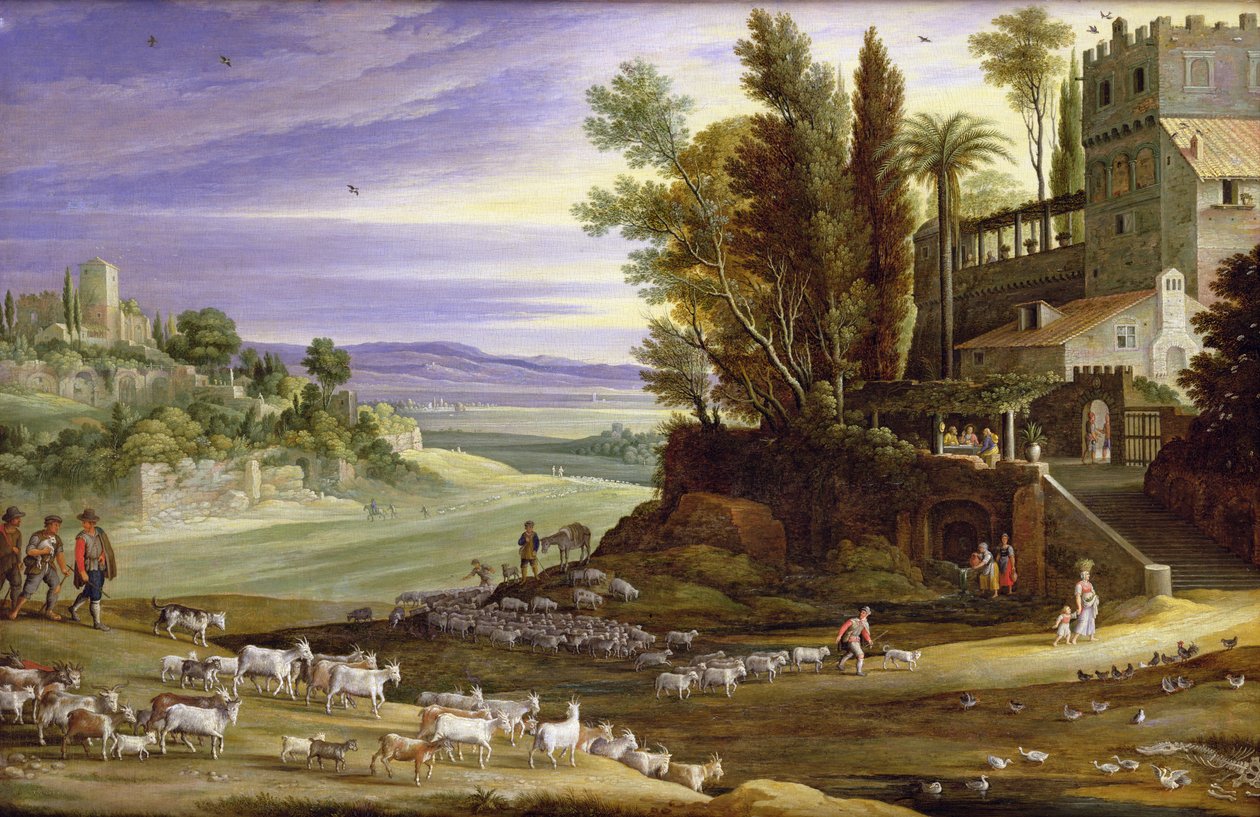 Landskap med herdar och nattvarden i Emmaus av Marten Ryckaert
