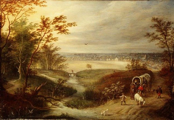 Ett vidsträckt skogslandskap med en vagn vid ett vadställe av Marten (attr. to) Ryckaert