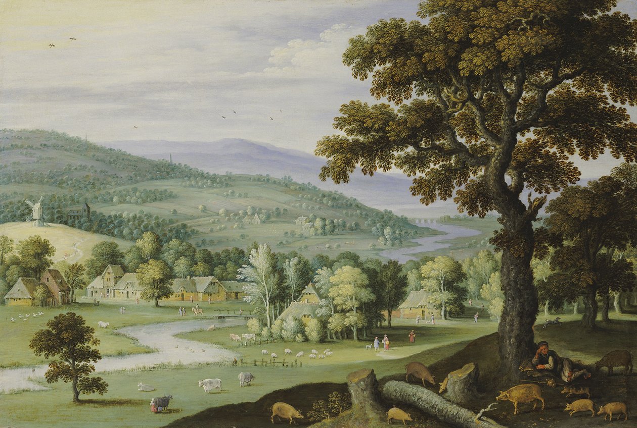 En floddal med en svinhjord vilande under ett träd i förgrunden, en by bortom av Marten Ryckaert