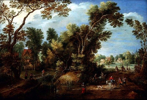 Skogbevuxen flodlandskap med figurer av Marten Ryckaert
