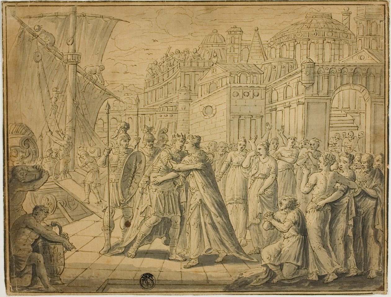 Dido och Aeneas omfamnas före portarna till Kartago av Marten de Vos
