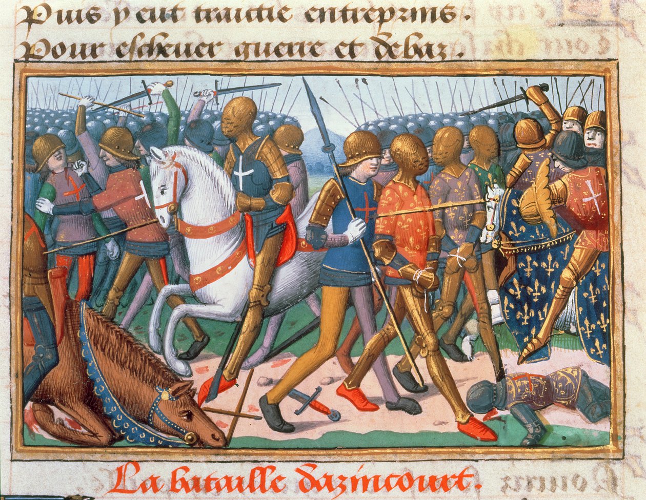 Ms Fr 5054 f.11 Slaget vid Agincourt, 1415, från Karl VII:s Vigil, ca 1484 av Martial de Paris