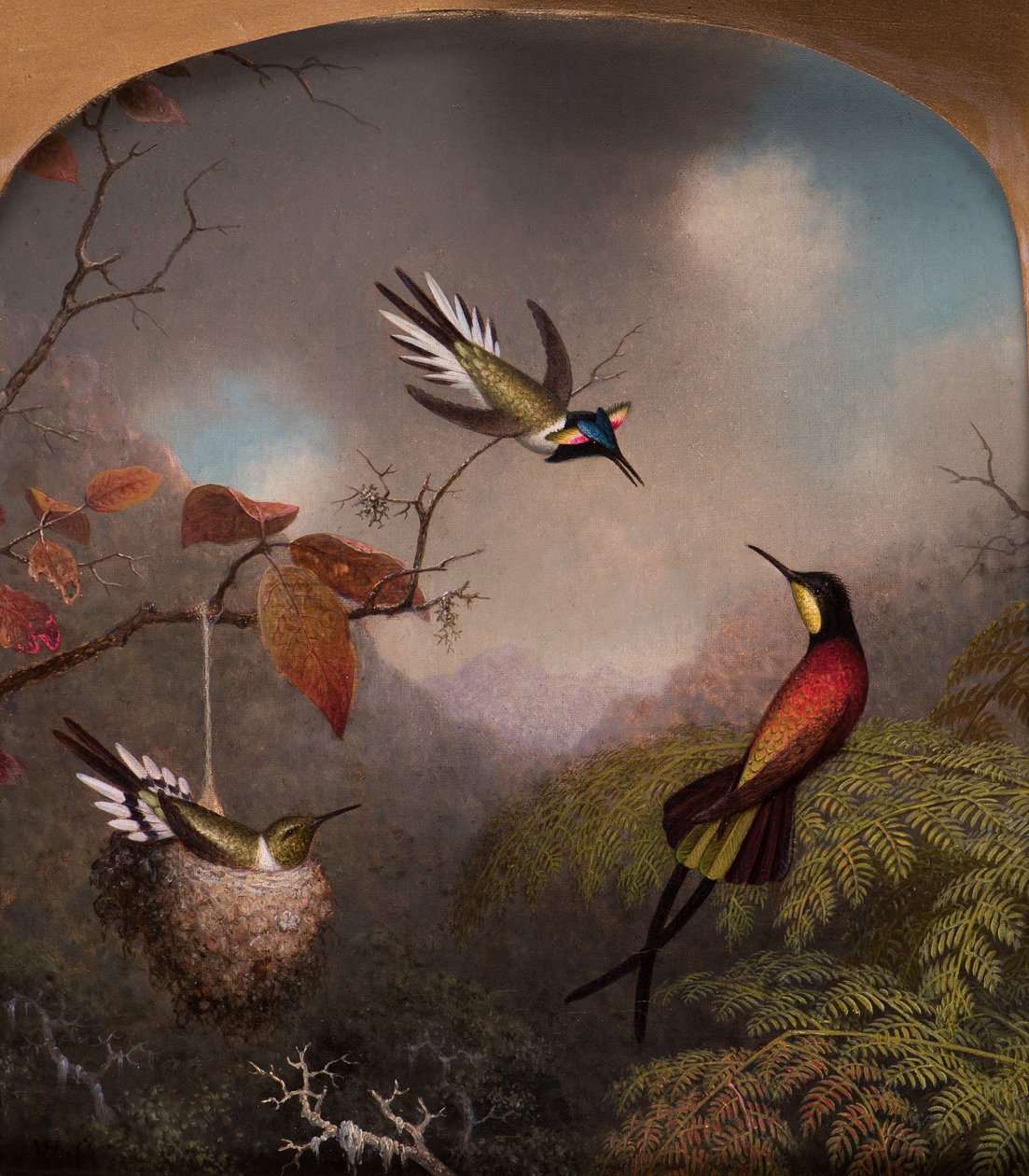 Hummingbirds: Två "Sungems" och en "Crimson Topaz", 1866 av Martin Johnson Heade