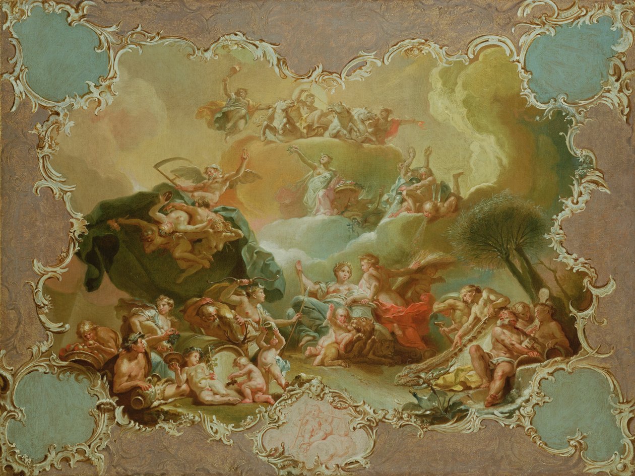 Modell för en takdekoration som föreställer Ceres med jordens frukter med tiden som övervinner avund och Flora som erbjuder blommor till Apollo av Martin Knoller