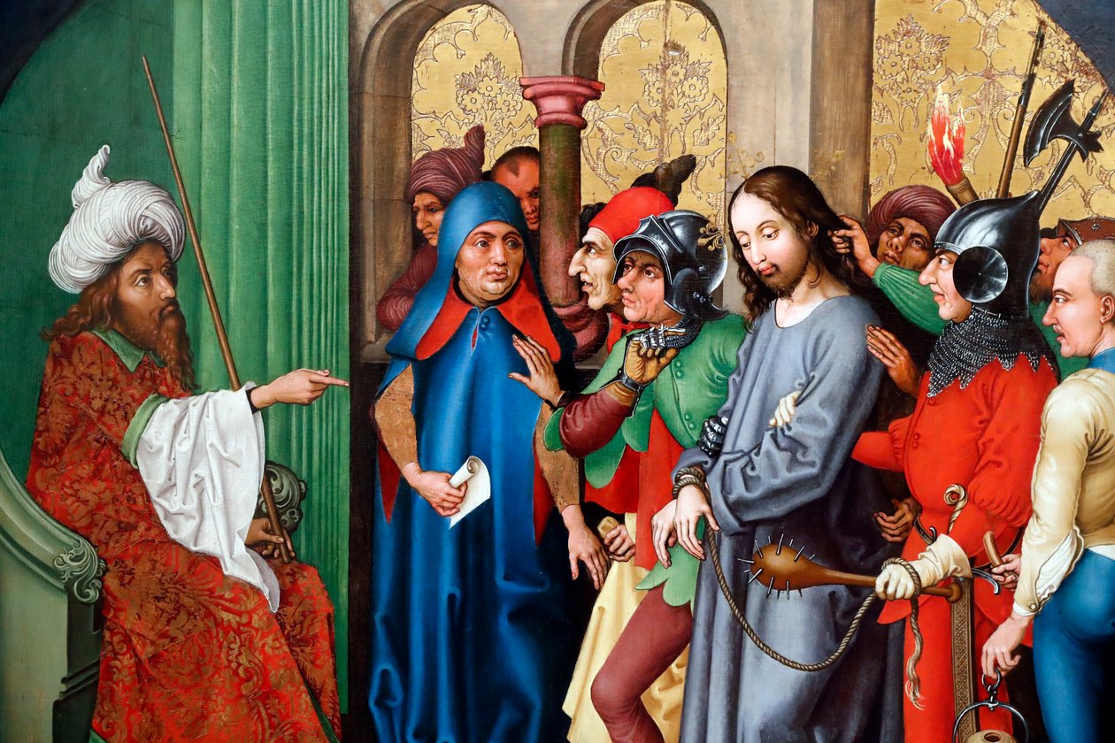 Jesus döms av Sanhedrin (olja på träpanel) av Martin Schongauer